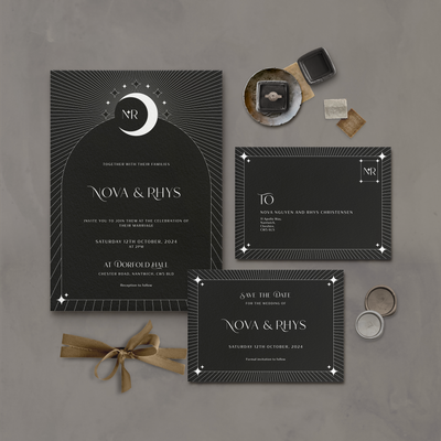 Wedding stationery flatlay black and white aurora sample suite designed by The Little Paper Shop