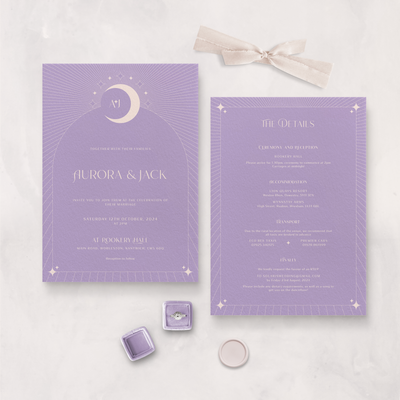 Wedding stationery flatlay of lilac Aurora celestial invitation and information card designed by The Little Paper Shop