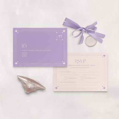 Wedding stationery flatlay of lilac celestial RSVP card designed by The Little Paper Shop