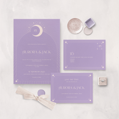 Wedding stationery flatlay lilac celestial sample suite designed by The Little Paper Shop