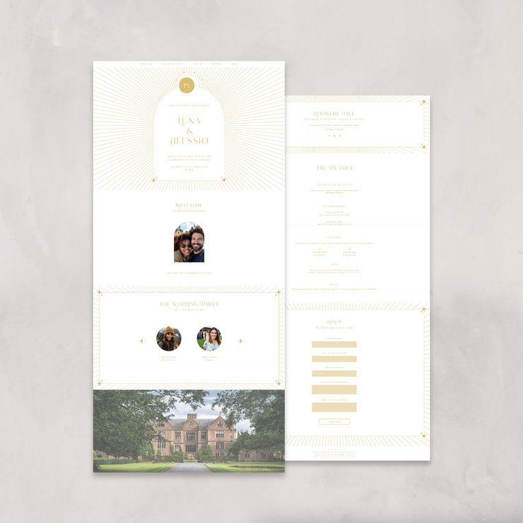 white and gold celestial wedding website desktop design