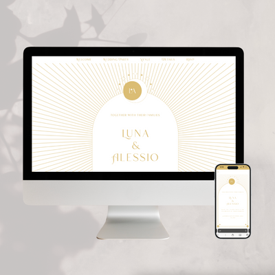 celestial wedding website design in white and gold designed by The Little Paper Shop