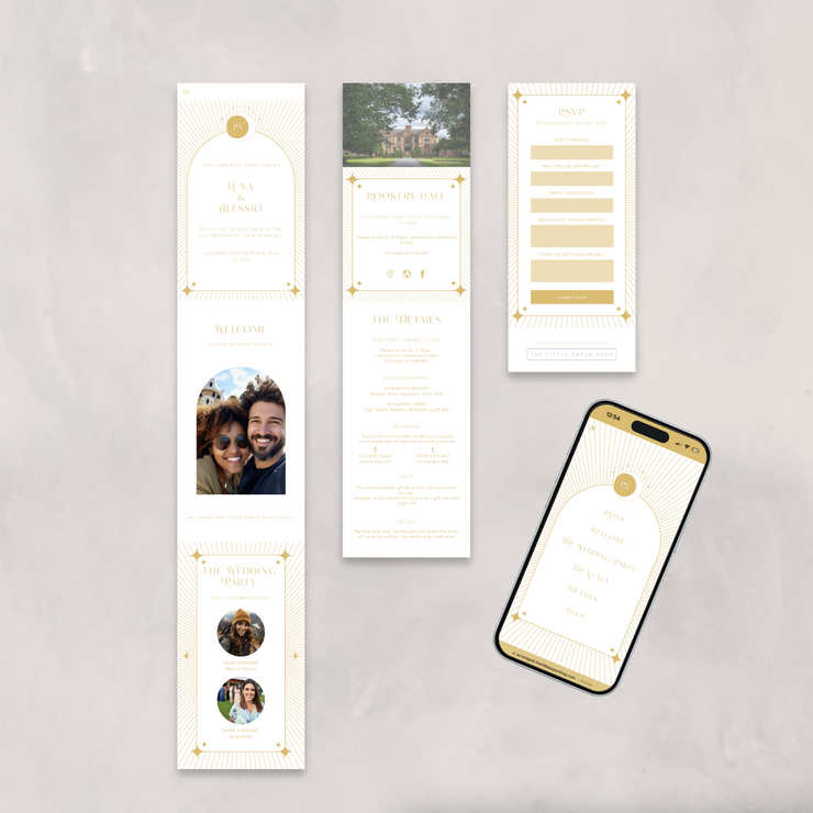 white and gold celestial wedding website in mobile