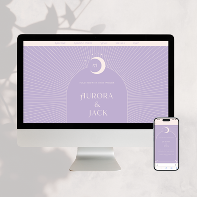 Mac and mobile screen showing hero image of Aurora wedding website designed by The Little Paper Shop featuring lilac background with white moon and stars