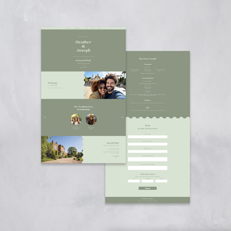 wavy green wedding website design in desktop view designed by The Little Paper Shop