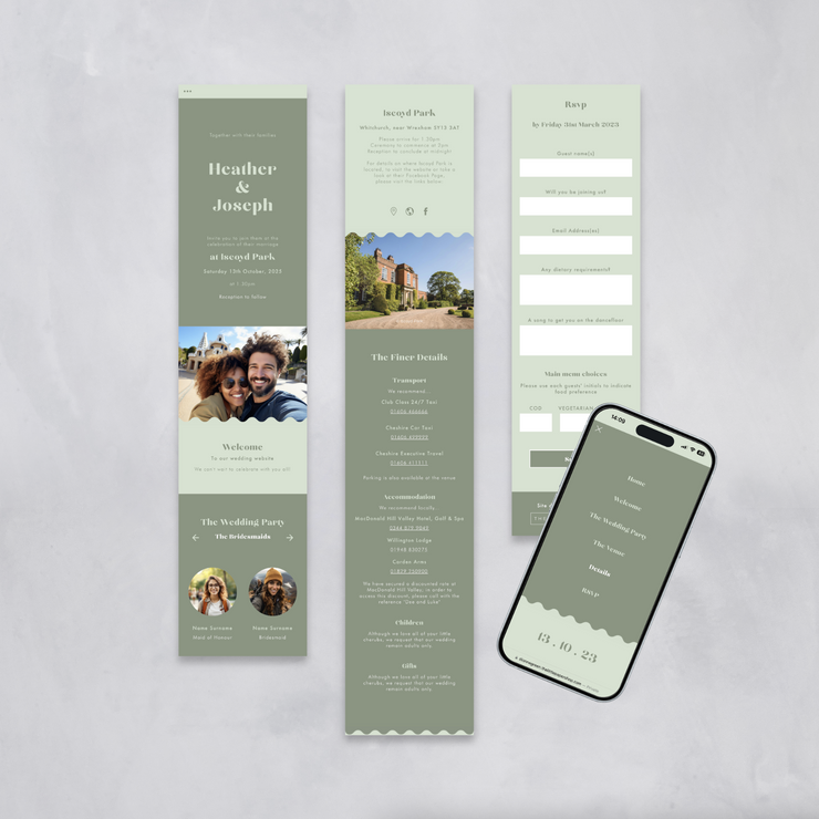 Wavy green wedding website design by The Little Paper Shop in mobile view