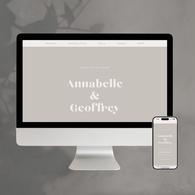 neutral colour wedding website design by The Little Paper Shop in both desktop and mobile example