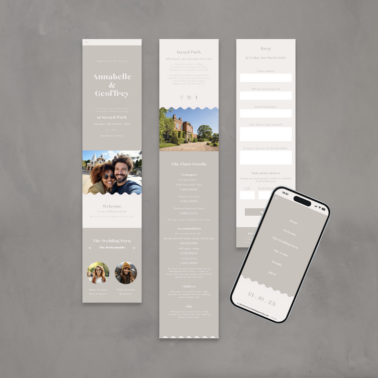 mobile neutral wedding website featuring wavy design elements