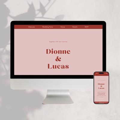  Mac and mobile screen showing hero image of pink and red Dionne wedding website designed by The Little Paper Shop