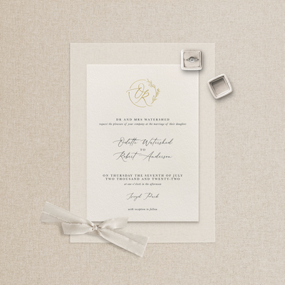 Classic wedding invitation with gold foiled personalised monogram designed by The Little Paper Shop