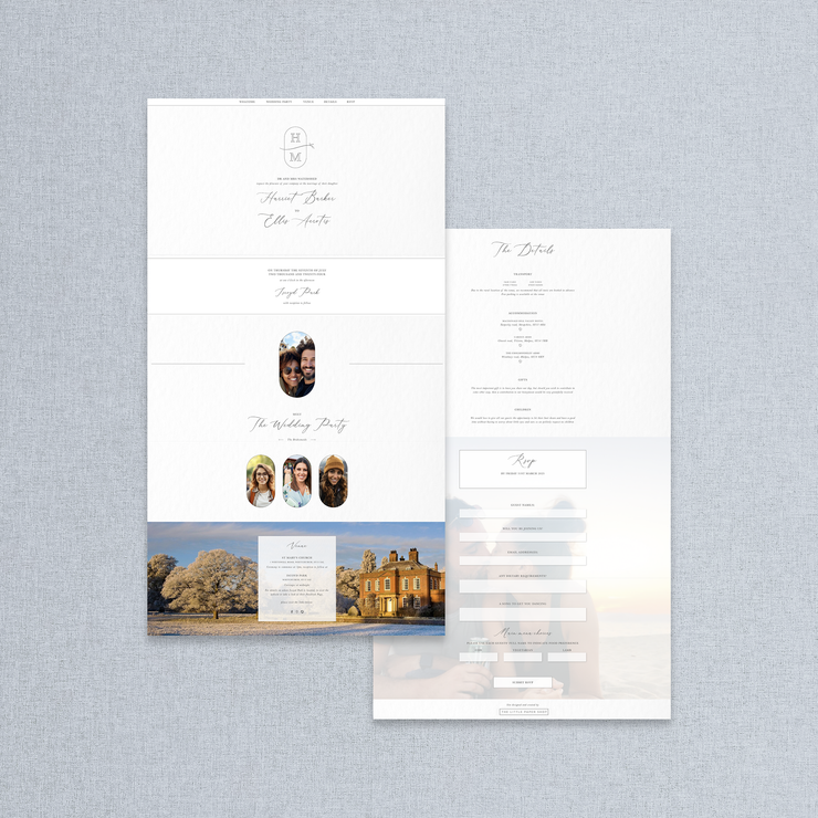 Desktop example of black and white Harriet wedding website designed by The Little Paper Shop