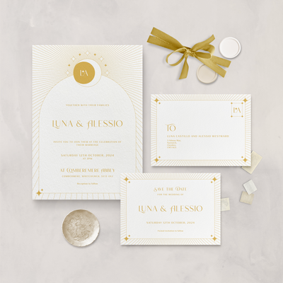 Wedding stationery flatlay white and mustard celestial sample suite designed by The Little Paper Shop