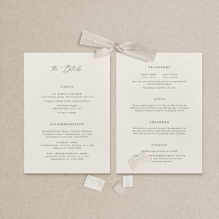 Classic wedding stationery information card designed by The Little Paper Shop