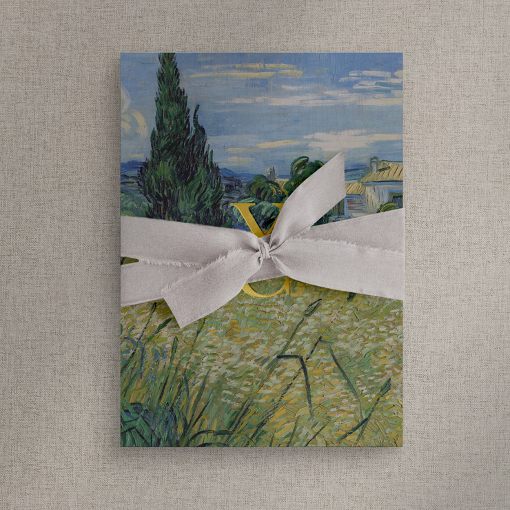 Countryside wedding invitation wrapped with nude silk tie with a bow to the front, designed by The Little Paper Shop