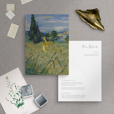 Gold foiled monogram on countryside wedding invitation flatlay on information card - designed by The Little Paper Shop