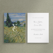 White monogram on countryside wedding invitation next to the reverse view with invitation details. Designed by The Little Paper Shop
