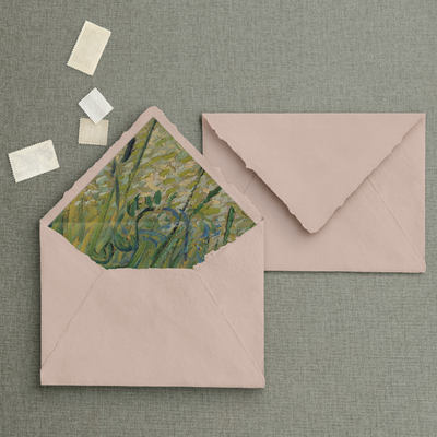 Lined pink raw edge handmade paper envelope with countryside liner. Designed by The Little Paper Shop