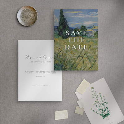 Countryside painting Save the date wedding stationery flatlay by The Little Paper Shop Nantwich