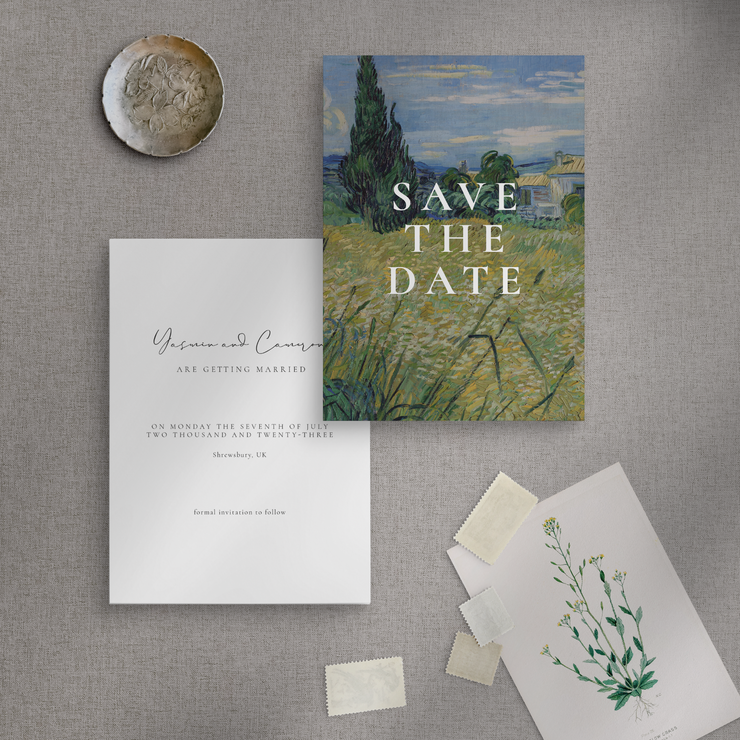 Countryside Save the date wedding stationery flatlay by The Little Paper Shop Nantwich