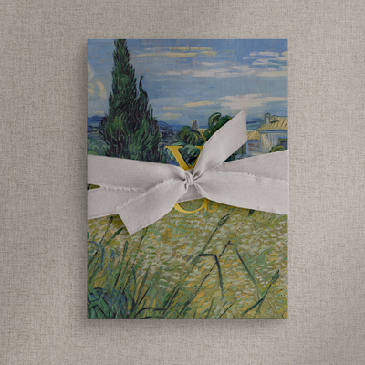 Countryside wedding invitation wrapped with nude silk tie with a bow to the front, designed by The Little Paper Shop