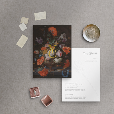 Gold foiled monogram on floral wedding invitation flatlay on information card - designed by The Little Paper Shop
