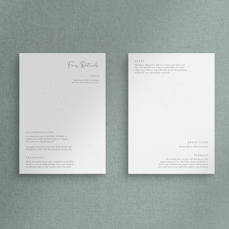 rose embossed information card front and reverse example - designed by The Little Paper Shop