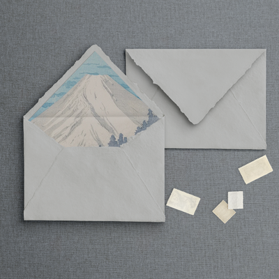 Lined raw edge handmade paper envelope with mountain design liner. Designed by The Little Paper Shop