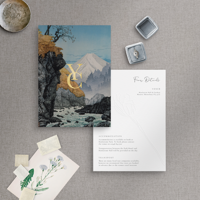 Gold foiled monogram on mountain wedding invitation flatlay on information card - designed by The Little Paper Shop