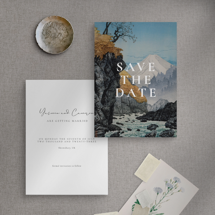 Mountain Save the date wedding stationery flatlay by The Little Paper Shop Nantwich
