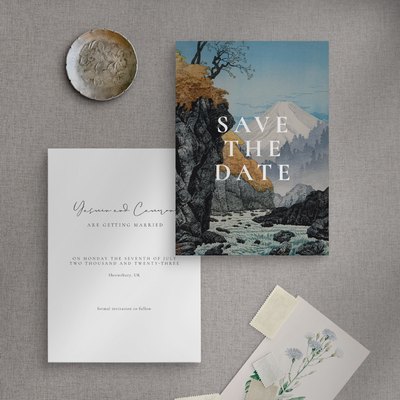 Mountain design Save the date wedding stationery flatlay by The Little Paper Shop Nantwich