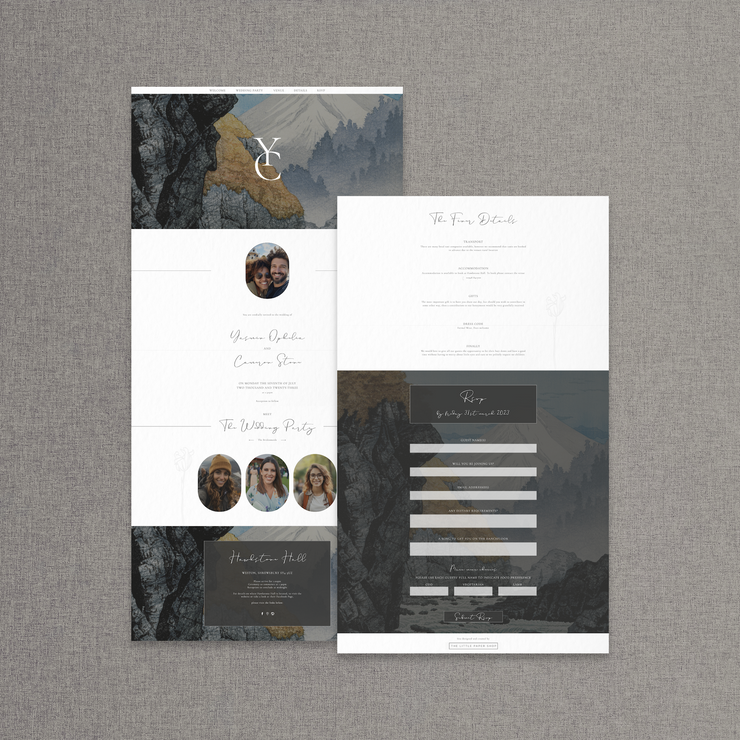 mountains wedding website desktop design by The Little Paper Shop