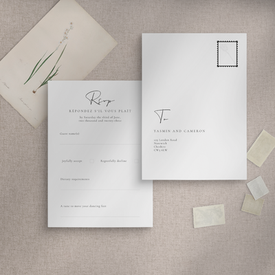 Ophelia RSVP wedding stationery flatlay designed by The Little Paper Shop