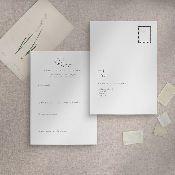 Ophelia RSVP wedding stationery flatlay designed by The Little Paper Shop