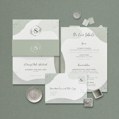 Wedding stationery flatlay of organic shape Sofia sample suite designed by The Little Paper Shop
