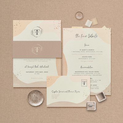 Wedding stationery flatlay of organic shape Sofia sample suite designed by The Little Paper Shop