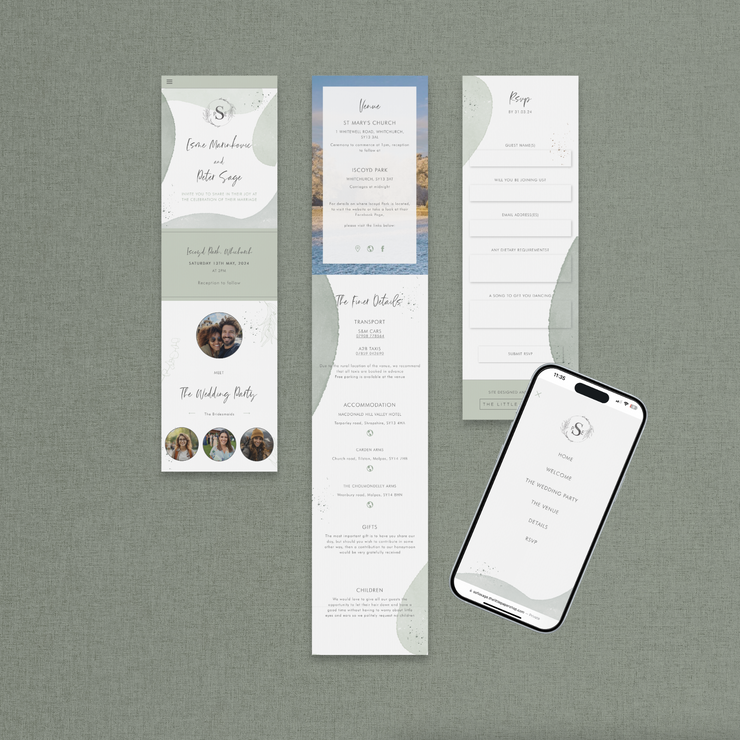 sage organic shape wedding website design by The Little Paper Shop